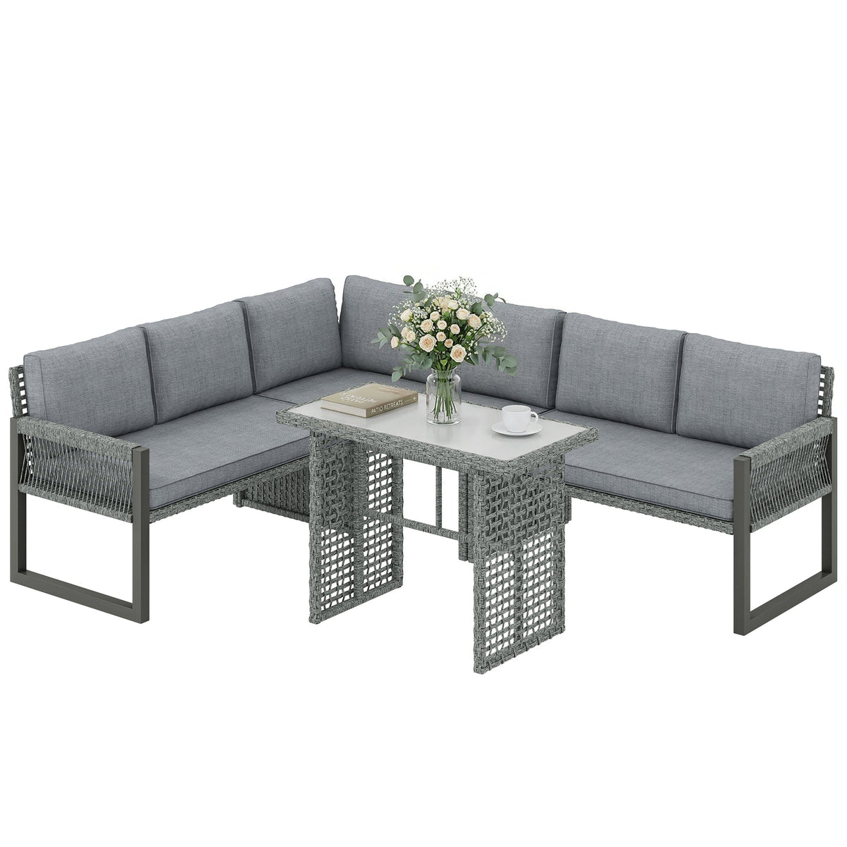 4 Piece Rattan Garden Furniture Set with 3 Loveseats, Grey