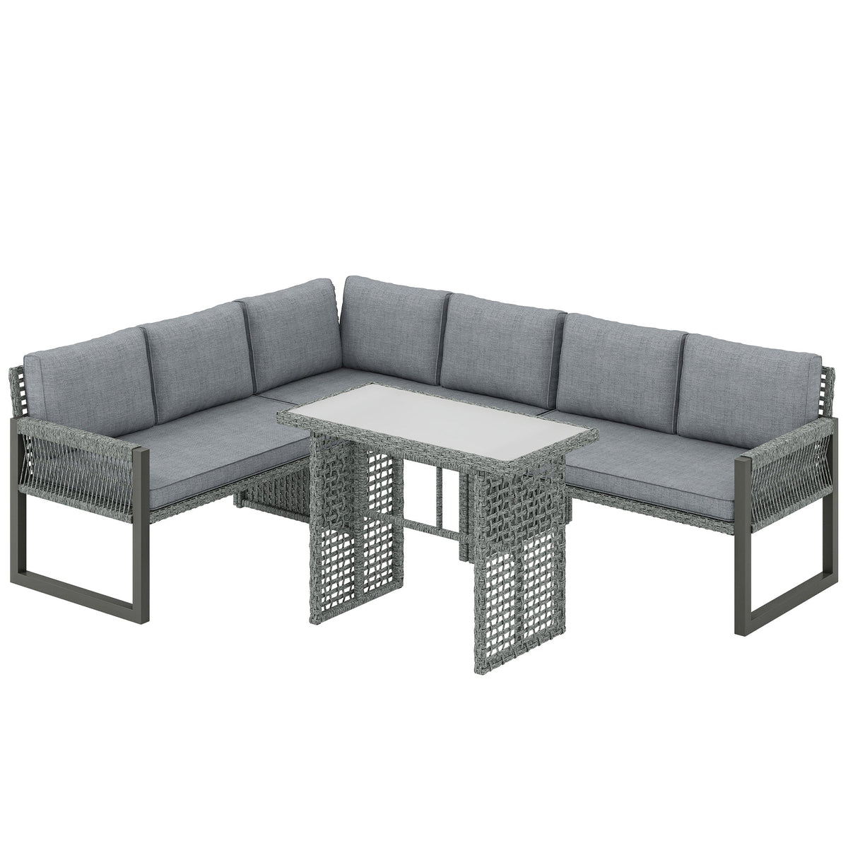 4 Piece Rattan Garden Furniture Set with 3 Loveseats, Grey