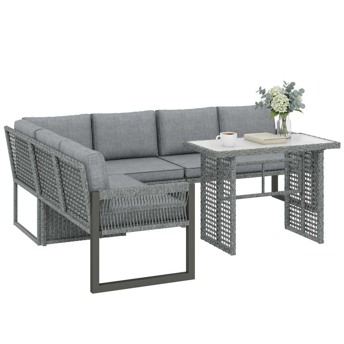 4 Piece Rattan Garden Furniture Set with 3 Loveseats, Grey