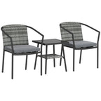 3pc Wicker Bistro Set with Cushions and 2-Tier Glass Table, Dark Grey