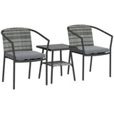 3pc Wicker Bistro Set with Cushions and 2-Tier Glass Table, Dark Grey