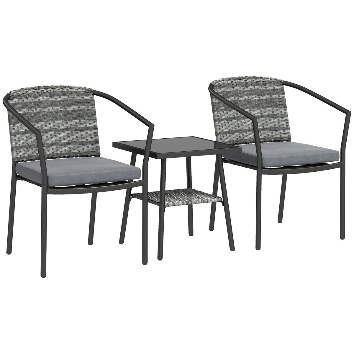 3pc Wicker Bistro Set with Cushions and 2-Tier Glass Table, Dark Grey