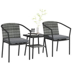 3pc Wicker Bistro Set with Cushions and 2-Tier Glass Table, Dark Grey