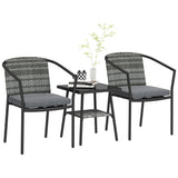 3pc Wicker Bistro Set with Cushions and 2-Tier Glass Table, Dark Grey