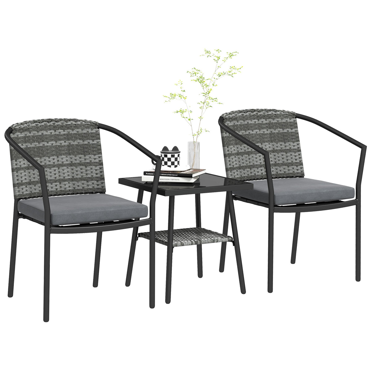 3pc Wicker Bistro Set with Cushions and 2-Tier Glass Table, Dark Grey