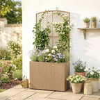 80 x 30 x 163 cm Rattan Raised Planter Box with Trellis and Liner, Light Grey