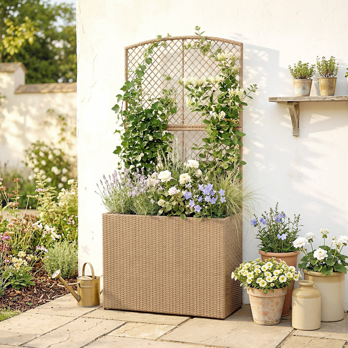 80 x 30 x 163 cm Rattan Raised Planter Box with Trellis and Liner, Light Grey