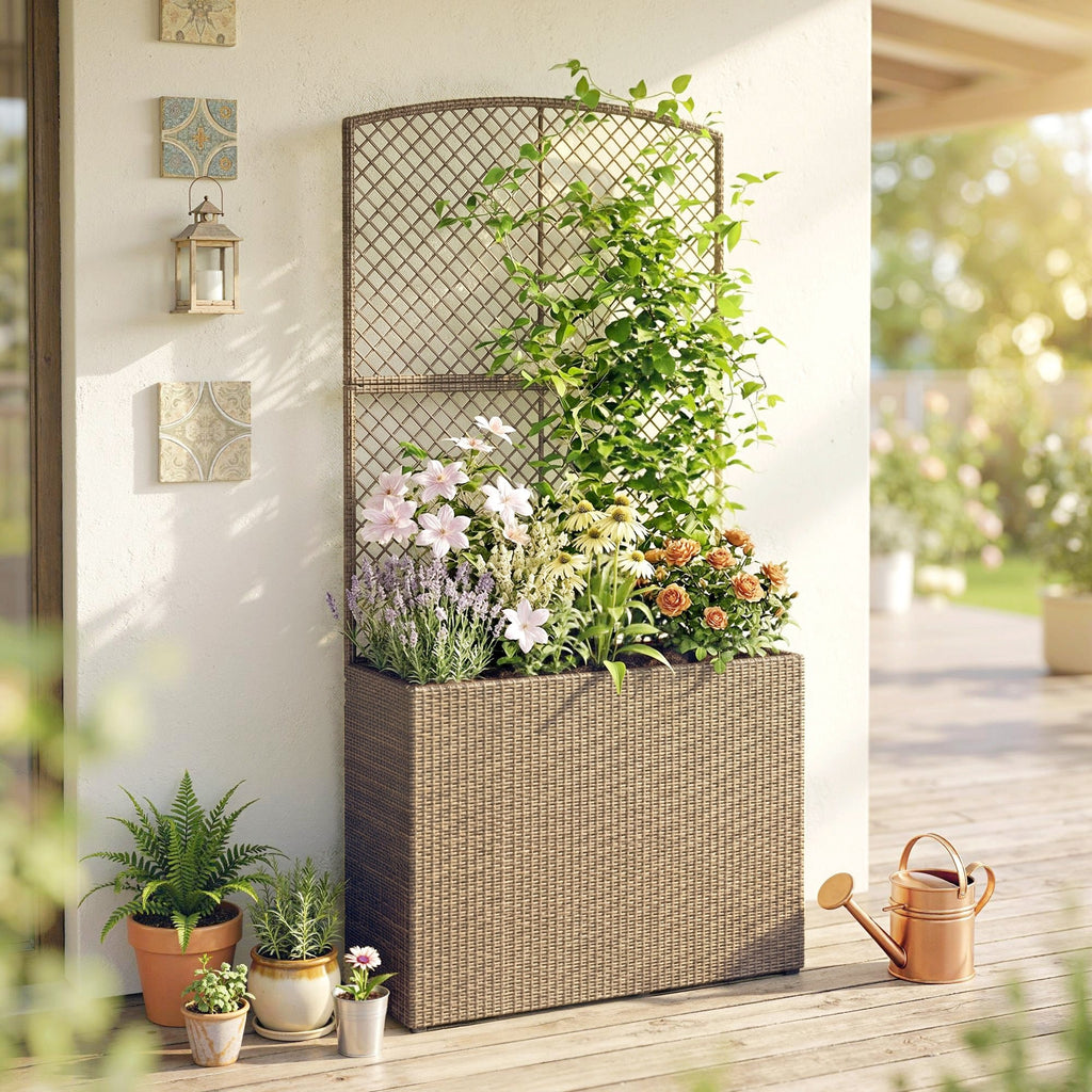 80 x 30 x 163 cm Rattan Raised Planter Box with Trellis and Liner, Light Grey
