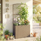 80 x 30 x 163 cm Rattan Raised Planter Box with Trellis and Liner, Light Grey