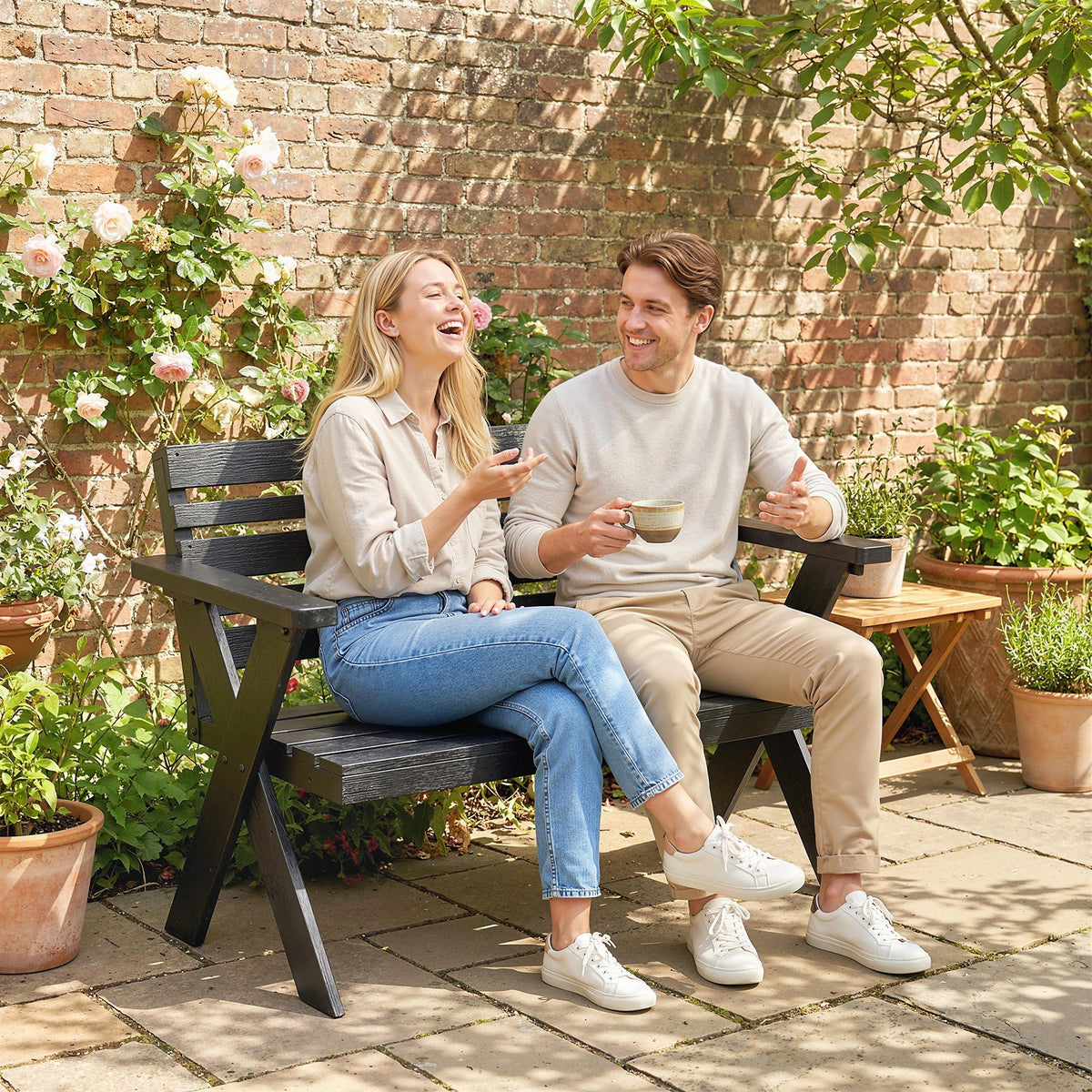 2 Seater Wooden Garden Bench with X-Frame Legs, Black