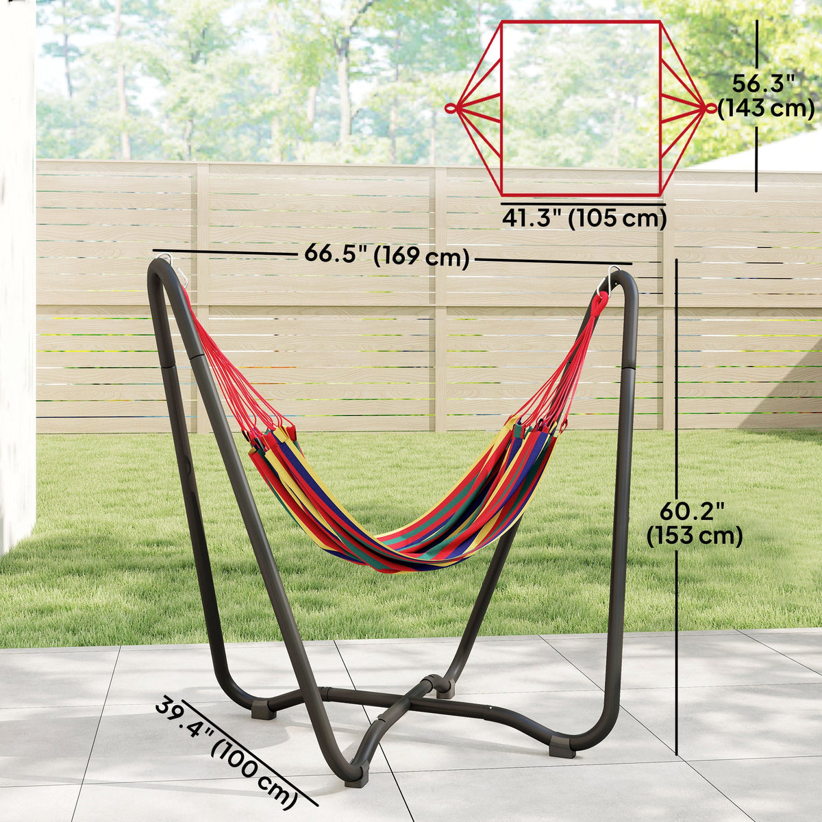 Fabric Patio Hammock with Steel Stand, Free-Standing Lounge Bed, Multi-Colored