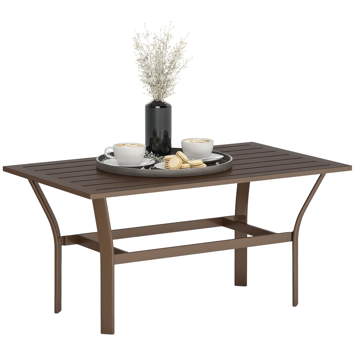 Outdoor Metal Coffee Table with Slatted Top, Brown