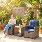 5-Piece Patio Set with Ottomans and 2-Tier Glass Table, Brown and Dark Blue