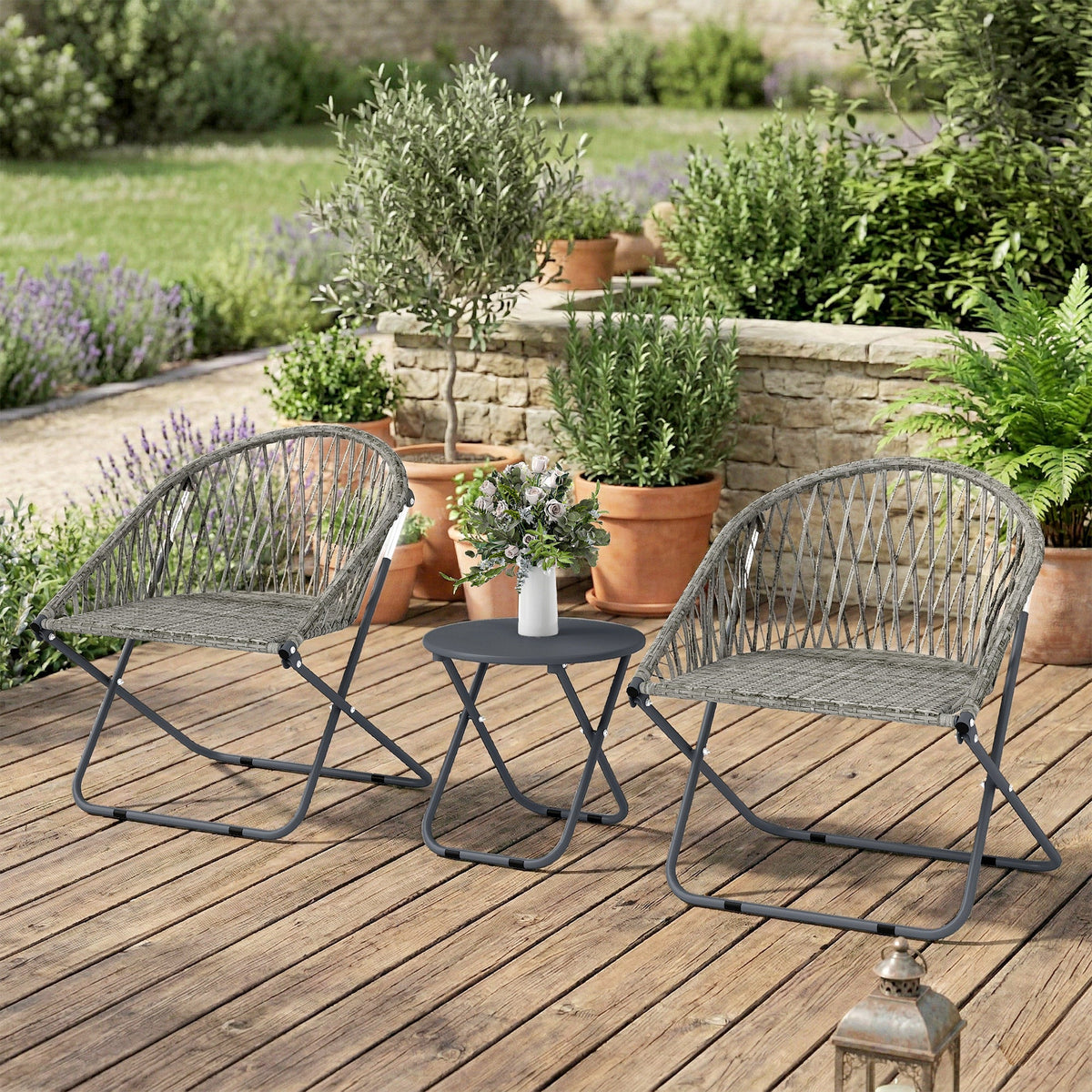 3 Piece Patio Bistro Set with Folding Rattan Chairs, Grey