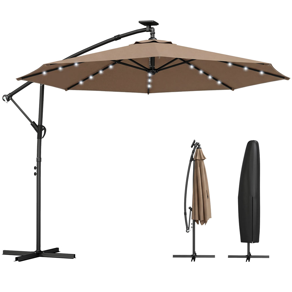 9.7 ft Cantilever Patio Umbrella with Solar LED Light and Cover, Khaki