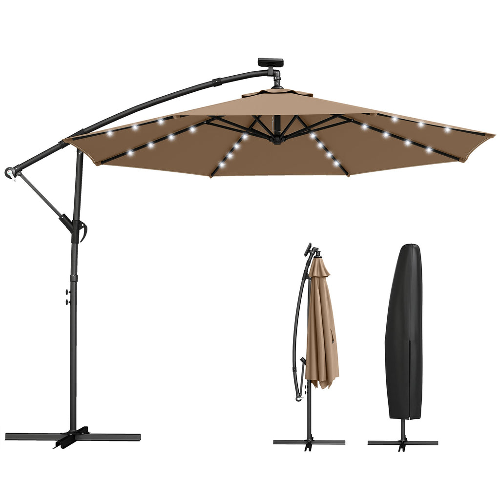 9.7 ft Cantilever Patio Umbrella with Solar LED Light and Cover, Khaki