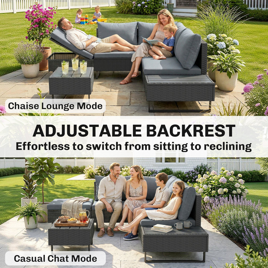 5-Seat L-Shaped Rattan Sofa Set with Adjustable Back, Cushions & Table Dark Grey