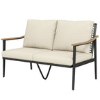 2 Seater Rattan Sofa with Wood-Effect Armrests, Khaki