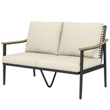 2 Seater Rattan Sofa with Wood-Effect Armrests, Khaki