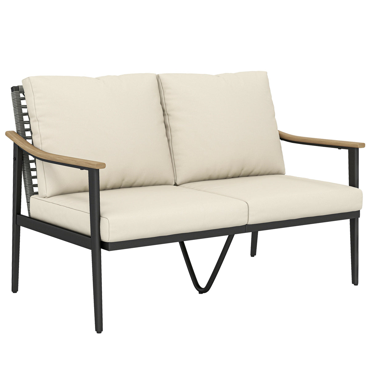 2 Seater Rattan Sofa with Wood-Effect Armrests, Khaki