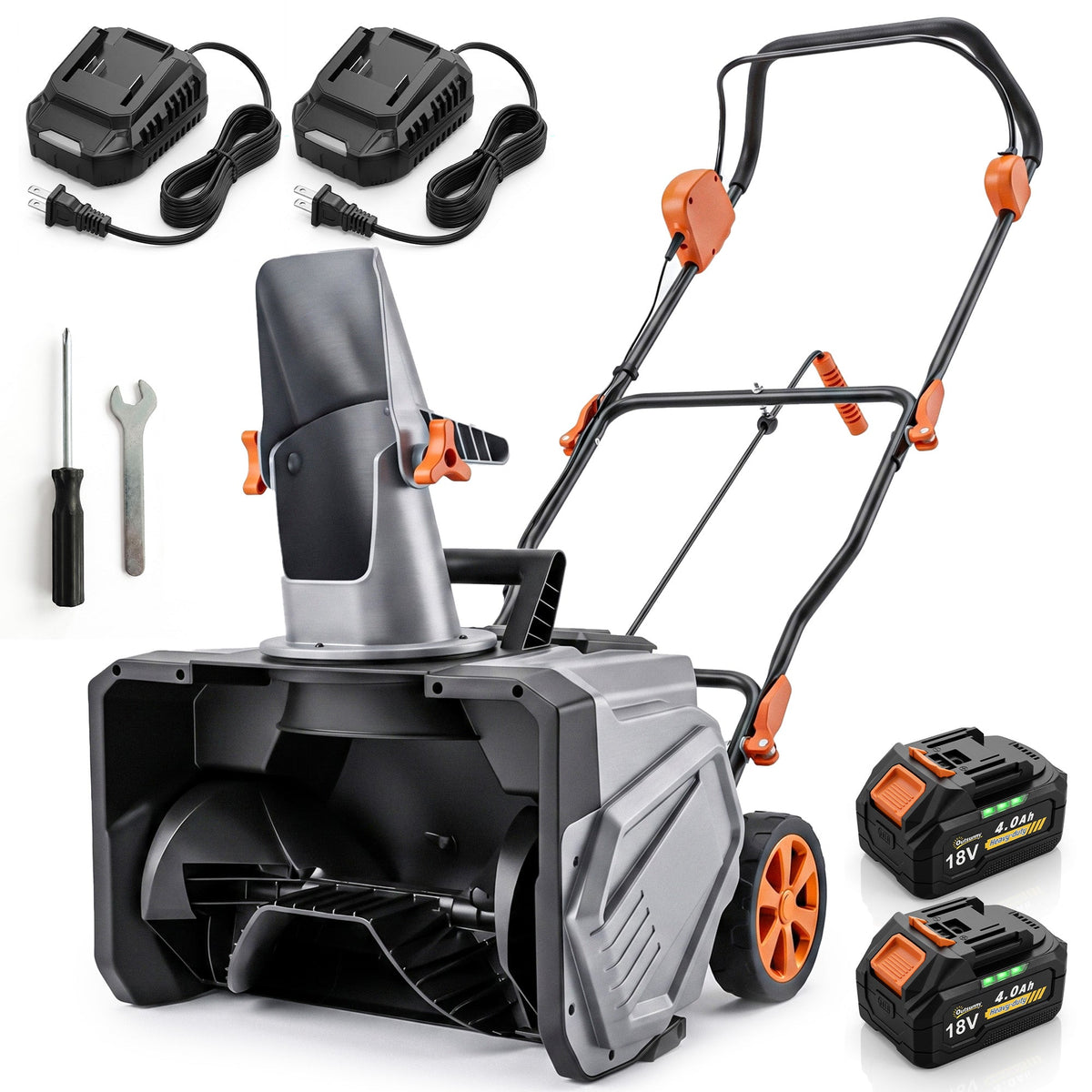 40V 18" Cordless Snow Blower, Brushless 1400W Motor, PU Auger, 2x4Ah Batteries