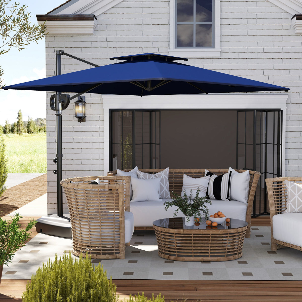 8' x 9' Square Cantilever Patio Umbrella with Fillable Base, Dark Blue