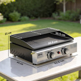 2 Burner Gas Plancha Grill with Warming Rack, 5 kW, Black