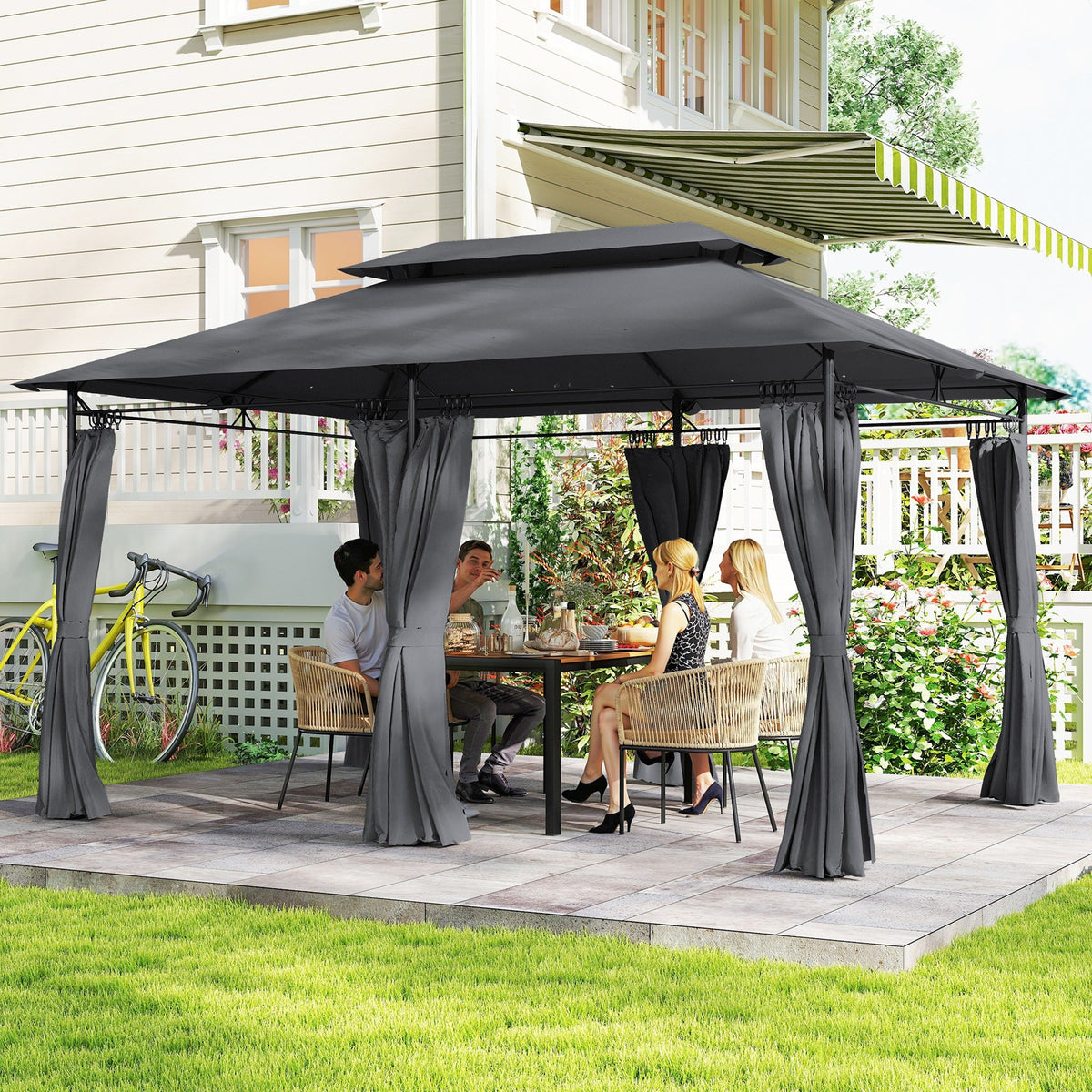 10' x 13' Patio Gazebo with Double Roof and Curtains, Grey
