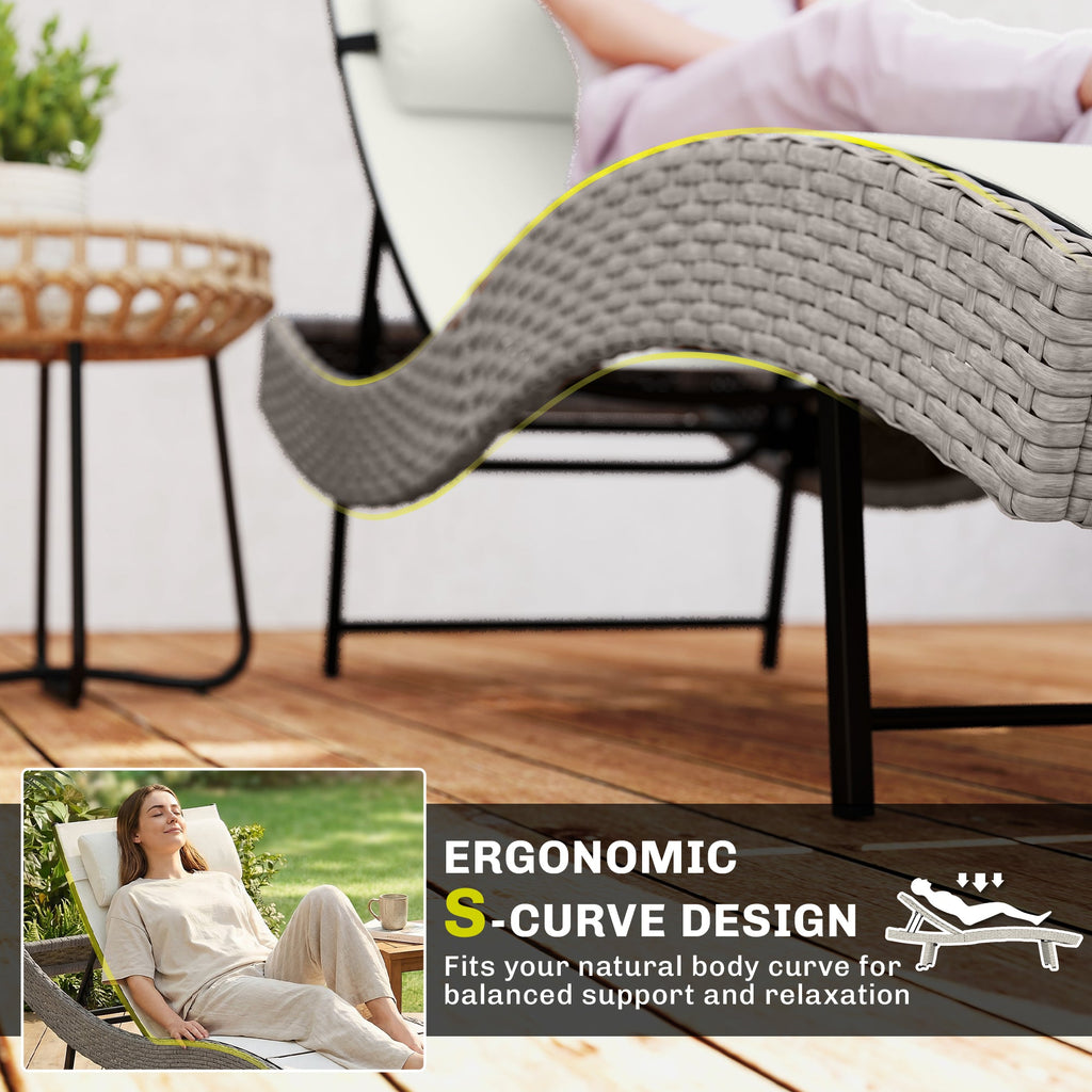 Rattan Sun Lounger with S-Shaped Seat and 5-Position Backrest, Cream White