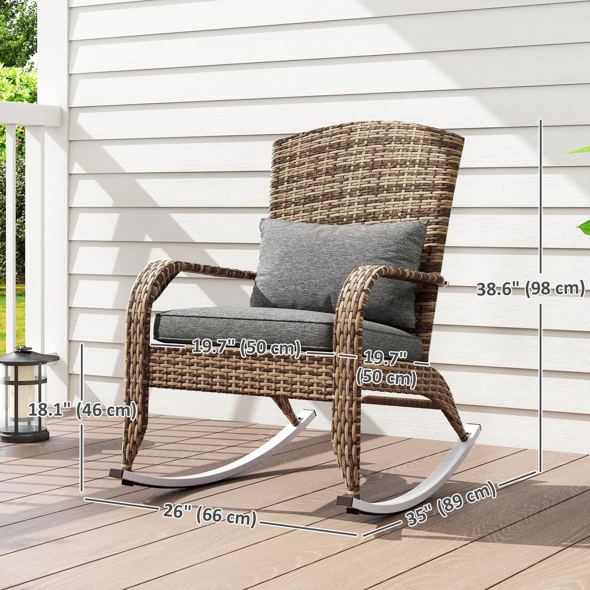 Wicker Adirondack Rocking Chair with Cushion and Pillow, Grey/Mixed Yellow