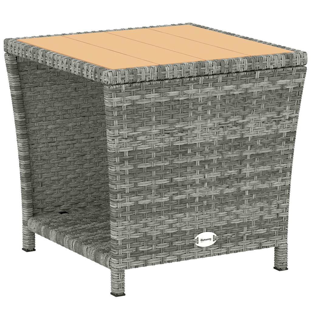 2-Tier PE Rattan Side Table with Storage Shelf, Light Grey