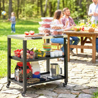 Outdoor Grill Cart with Stainless Steel Top, 2 Shelves and Lockable Wheels, Black