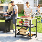 Outdoor Grill Cart with Stainless Steel Top, 2 Shelves and Lockable Wheels, Black