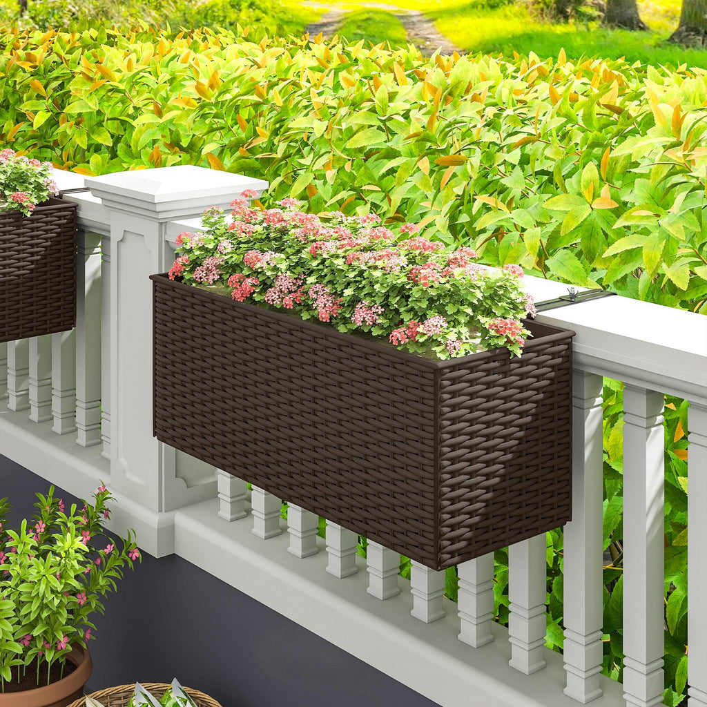 2 Pack 20" Railing Planter Boxes with Hooks and Drainage, Brown