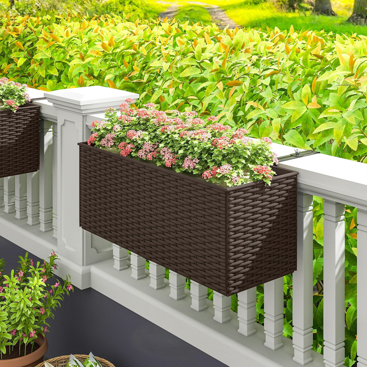 2 Pack 20" Railing Planter Boxes with Hooks and Drainage, Brown