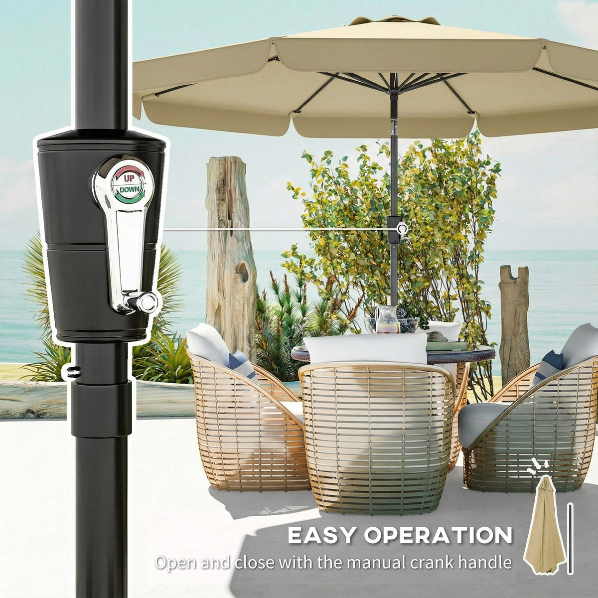 10ft Patio Umbrella with Push Button Tilt and Crank, Khaki