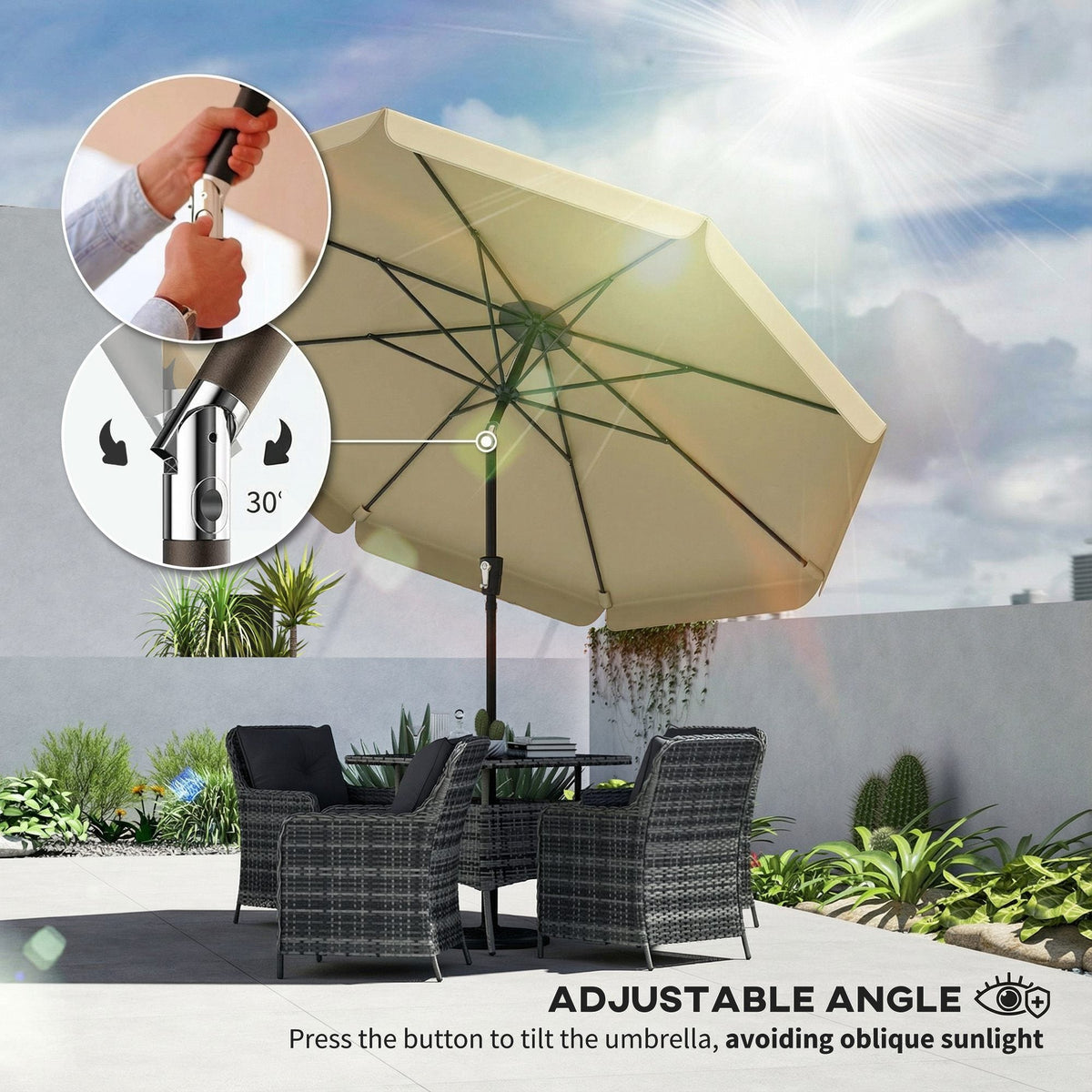 10ft Patio Umbrella with Push Button Tilt and Crank, Khaki