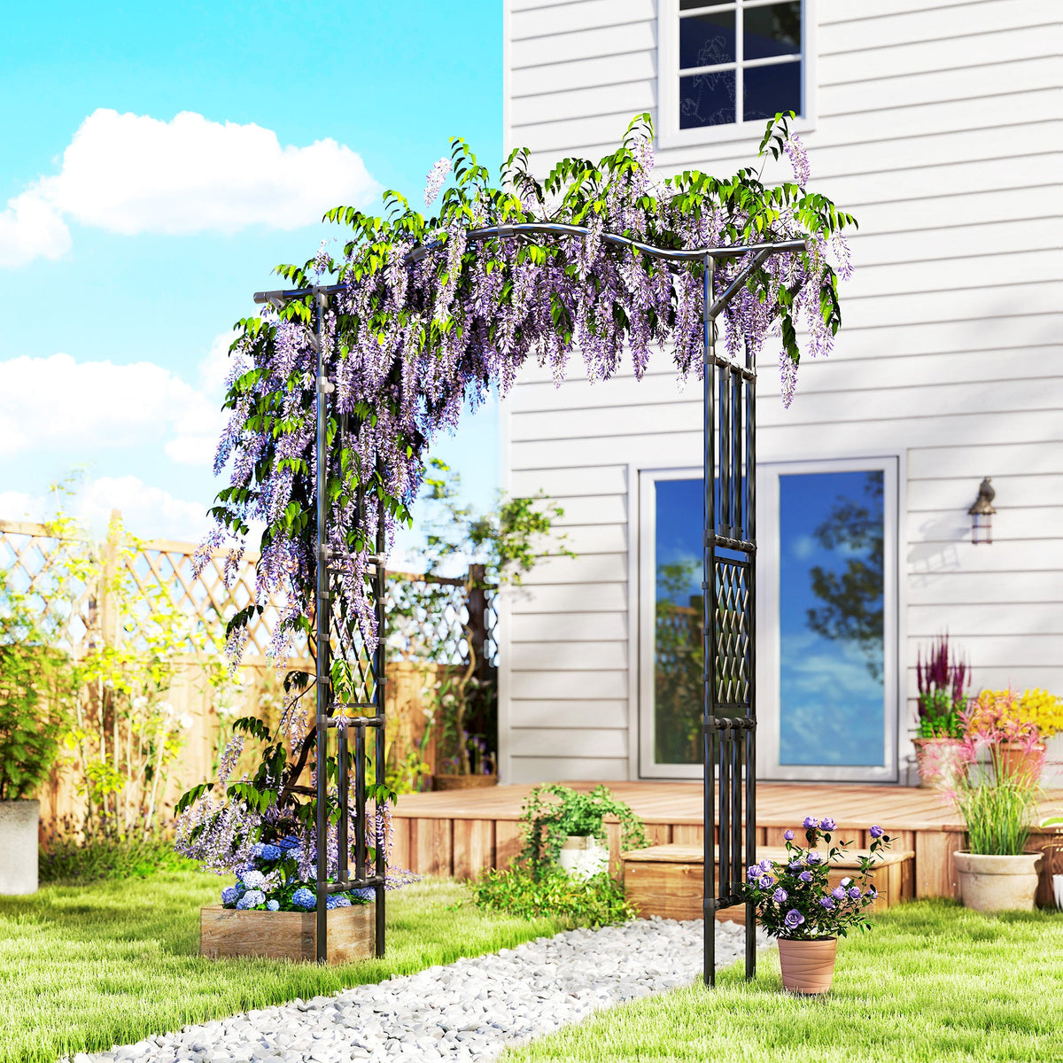 7.5ft Steel Garden Arch Trellis with Extended Top for Wedding, Garden, Black