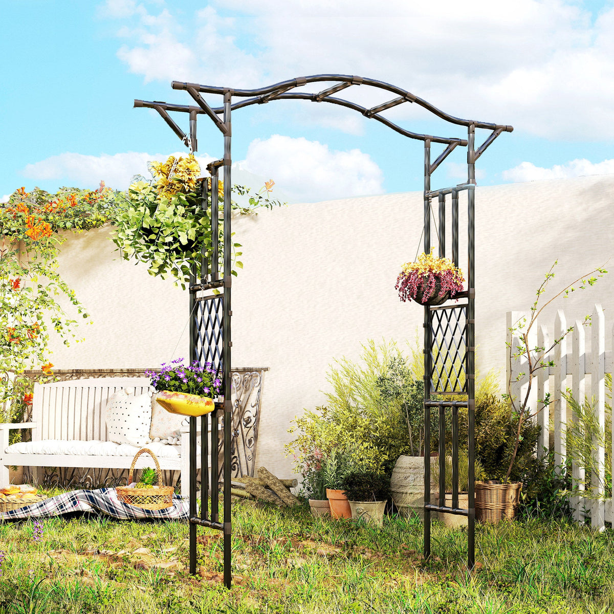 7.5ft Garden Arch with Extended Top for Climbing Plants, Black