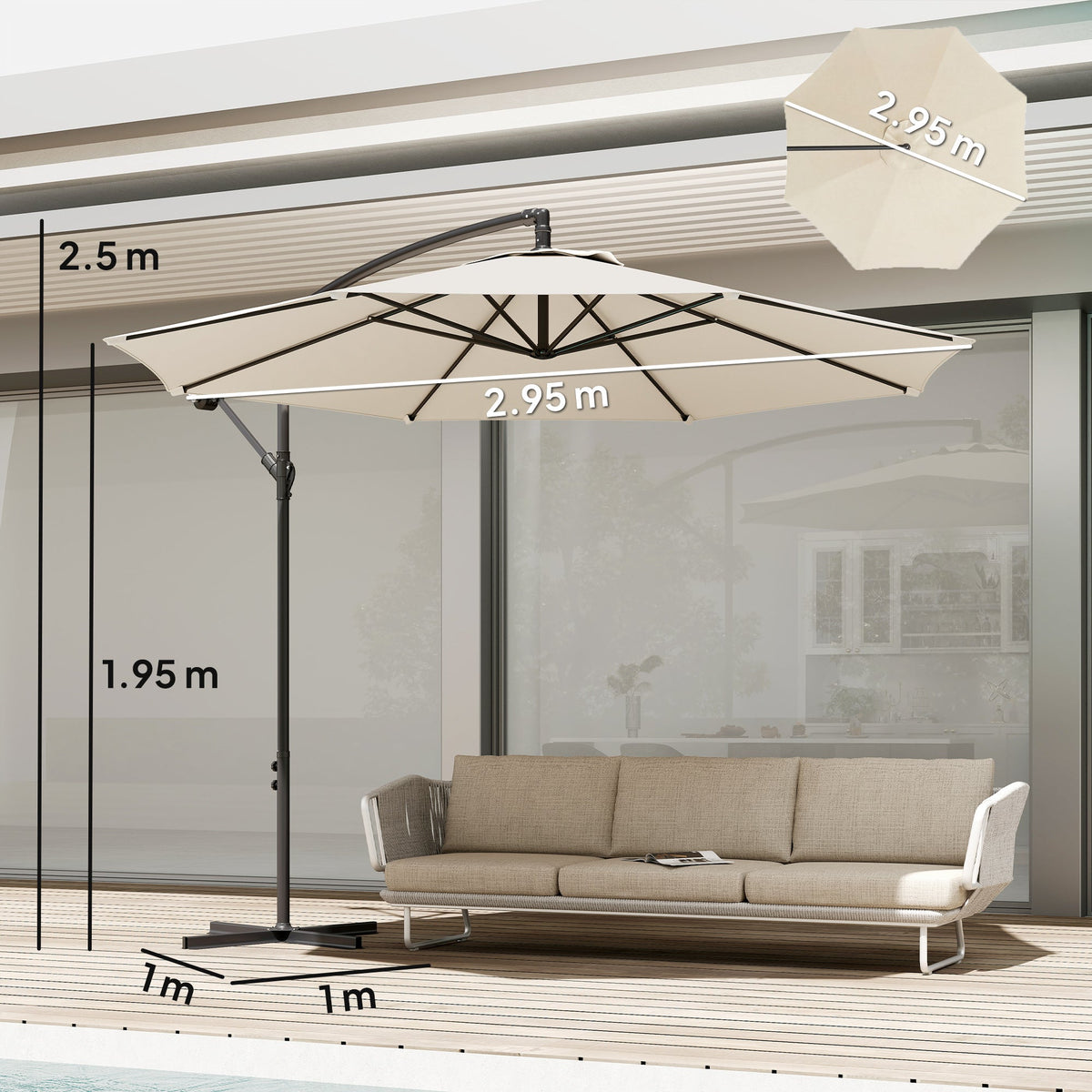 3 m Banana Parasol with Crank Handle, 8 Ribs & Cross Base, Cream White