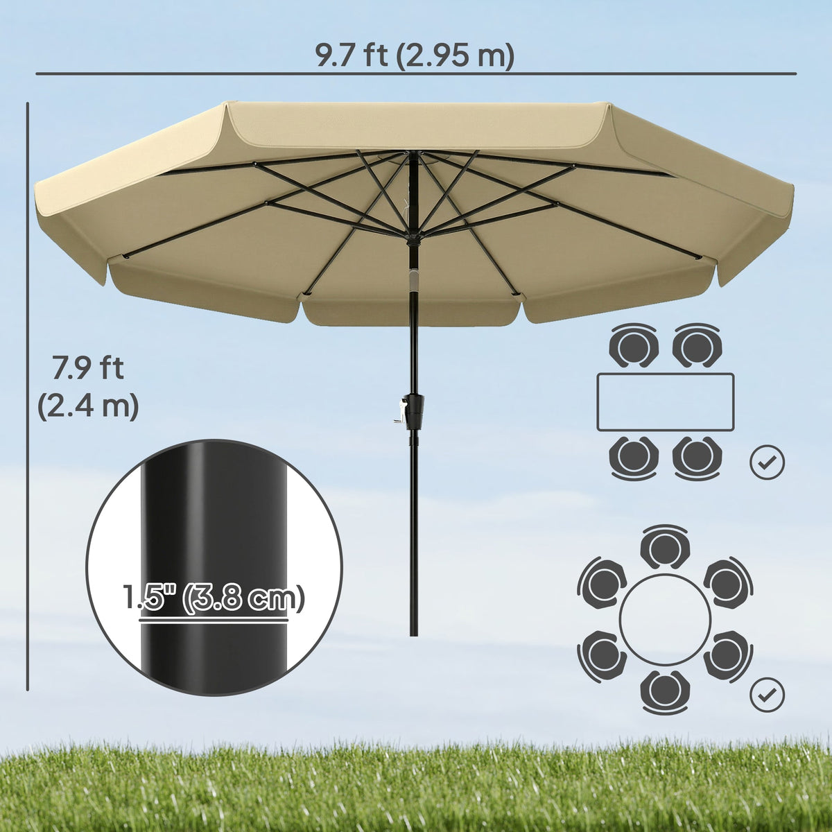 10ft Patio Umbrella with Push Button Tilt and Crank, Khaki