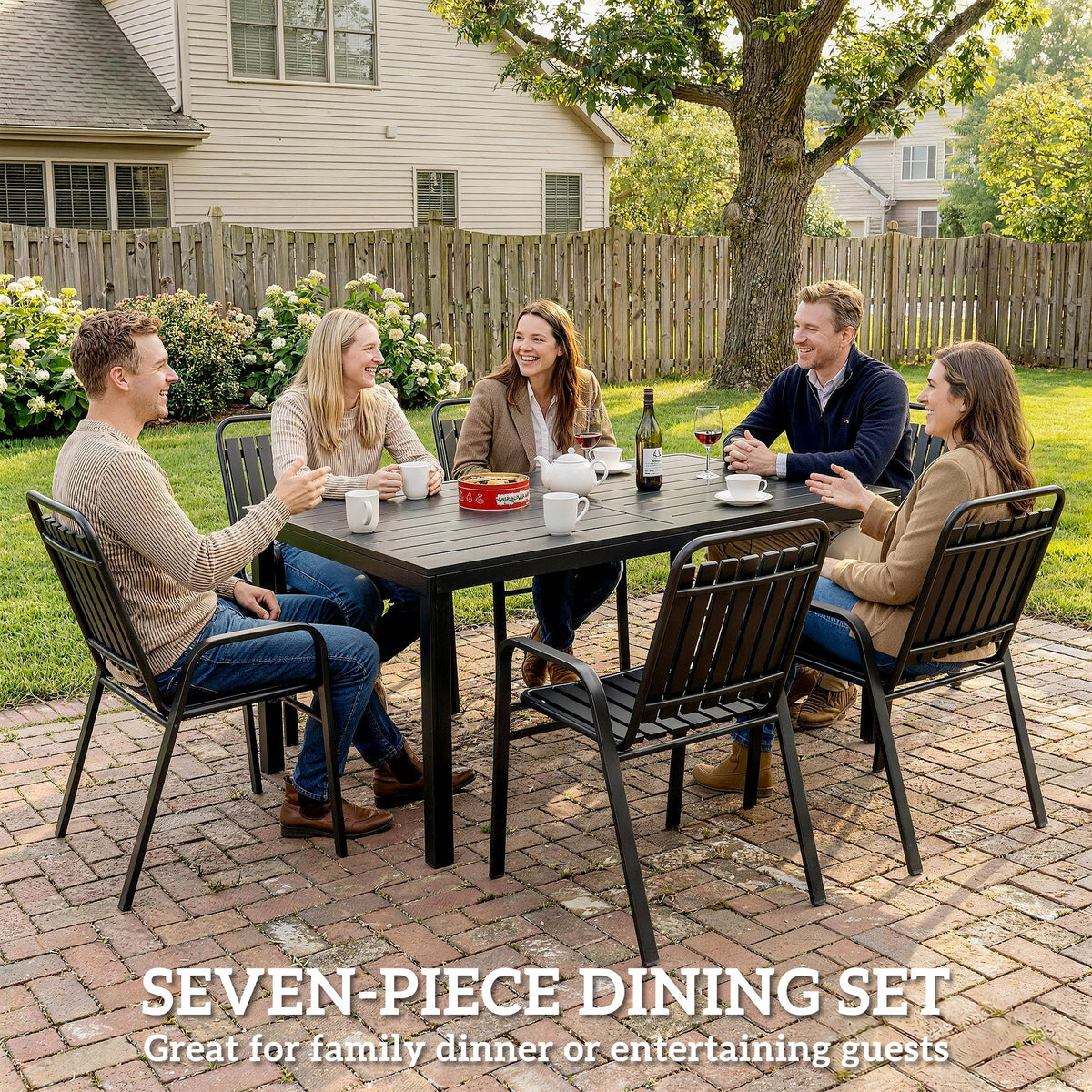 7 Piece Garden Dining Set with Stackable Chairs and Umbrella Hole, Black