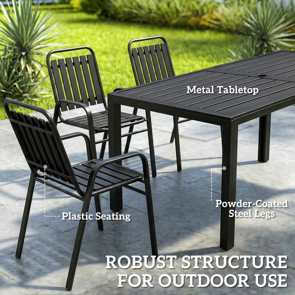 7 Piece Garden Dining Set with Stackable Chairs and Umbrella Hole, Black