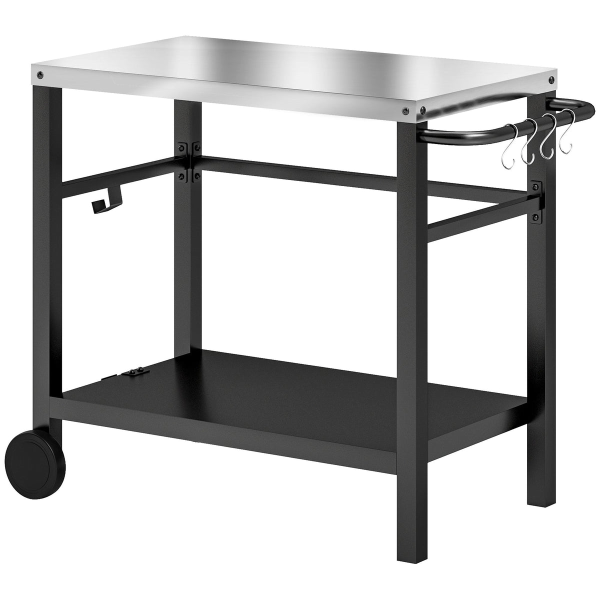 Outdoor Grill Cart with Stainless Steel Top, 2 Shelves and Wheels, Charcoal Grey