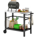 Outdoor Grill Cart with Stainless Steel Top, 2 Shelves and Wheels, Charcoal Grey