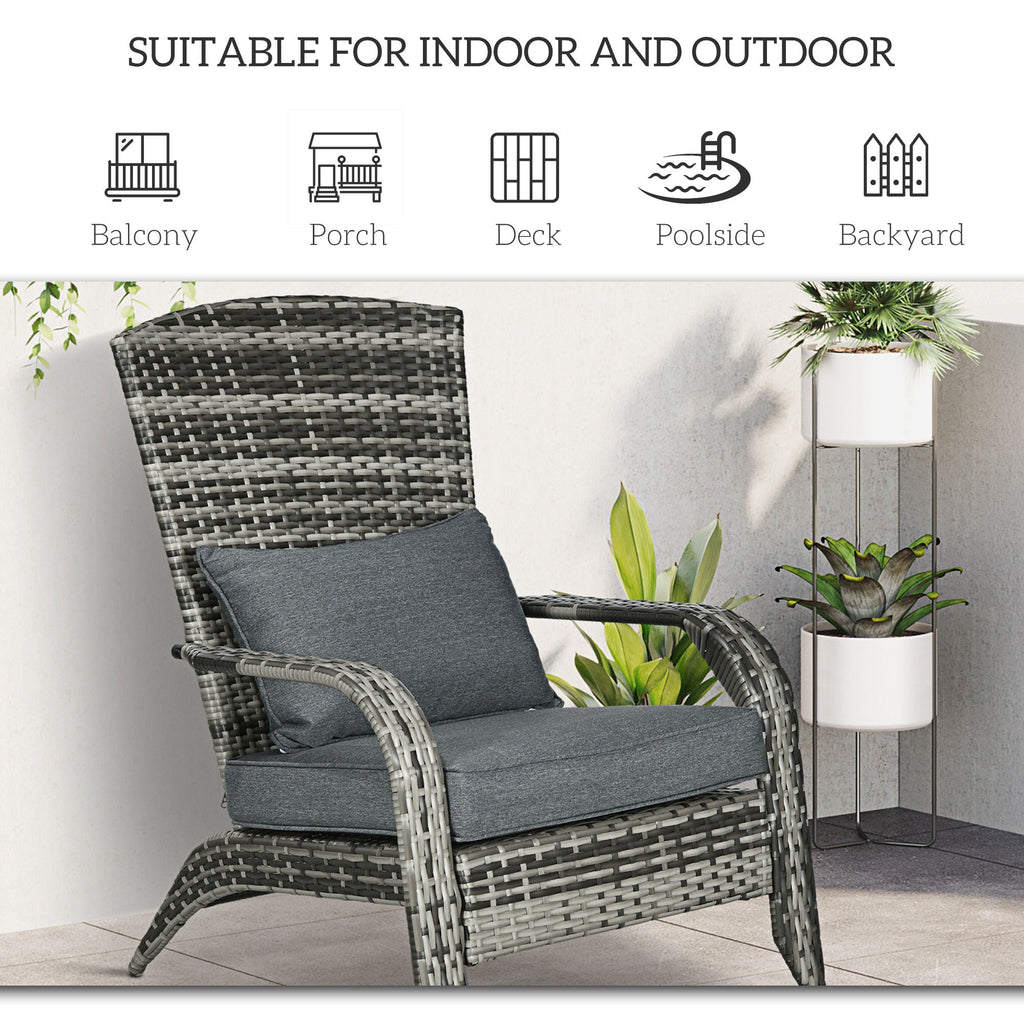 Patio Wicker Adirondack Chair with Soft Cushions and Curved Back, Grey