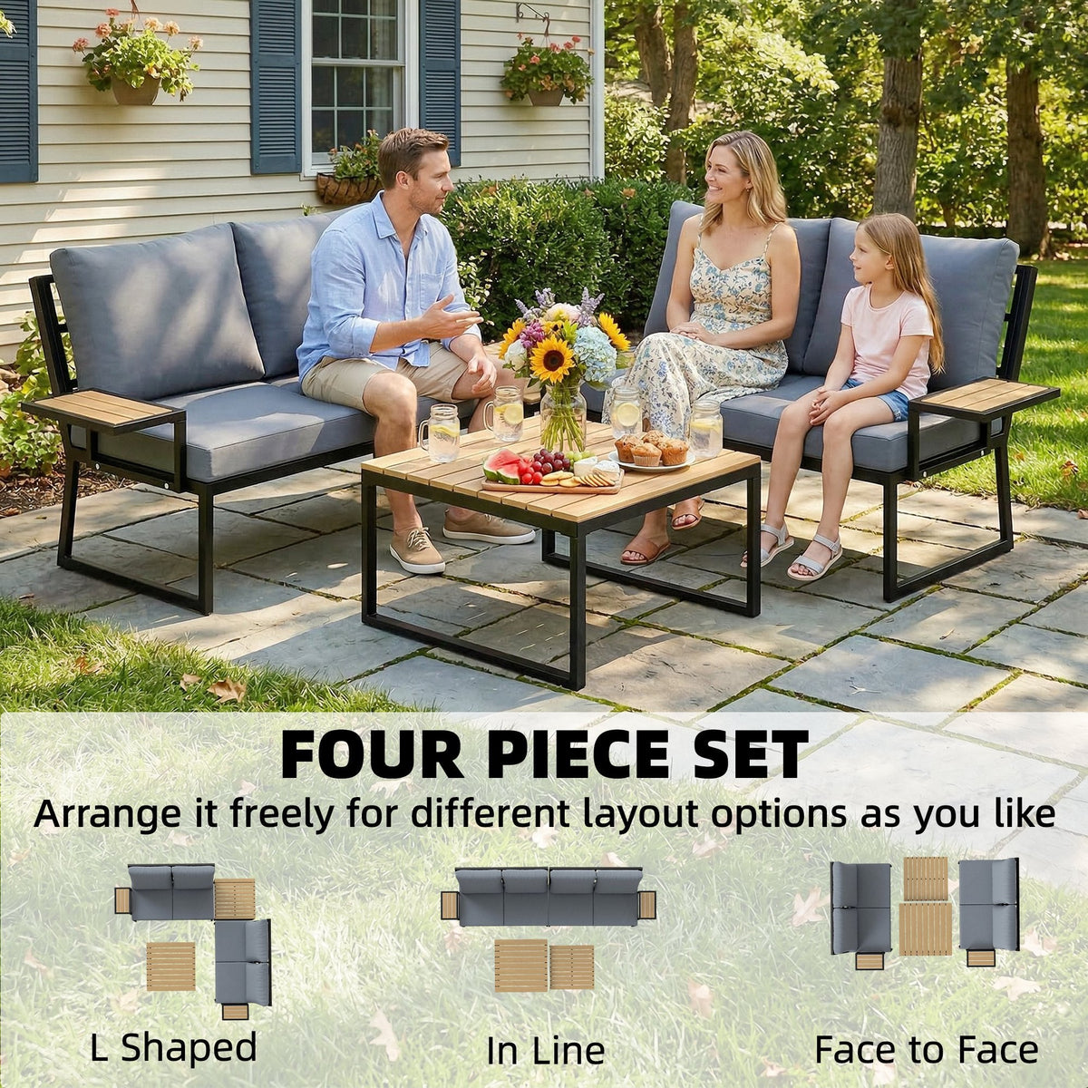 4 Seater Rattan Corner Sofa Set with 2 Nesting Tables, Teak