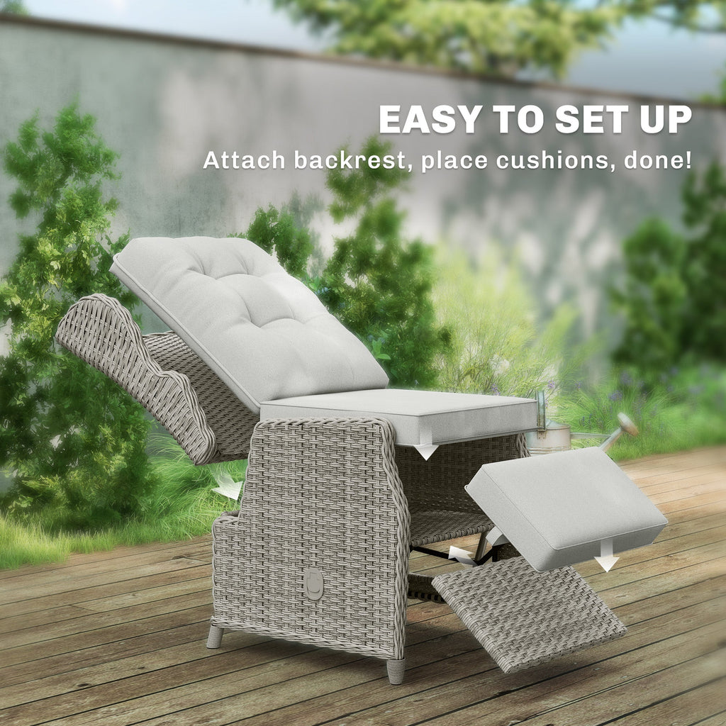 Rattan Garden Recliner Chair with Footrest, Flip Table and Cushion, Light Grey