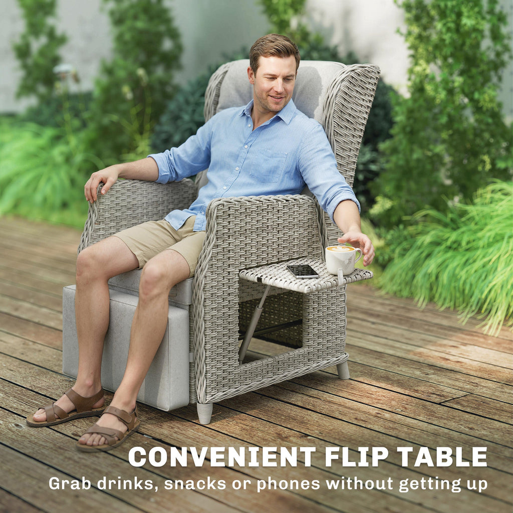 Rattan Garden Recliner Chair with Footrest, Flip Table and Cushion, Light Grey