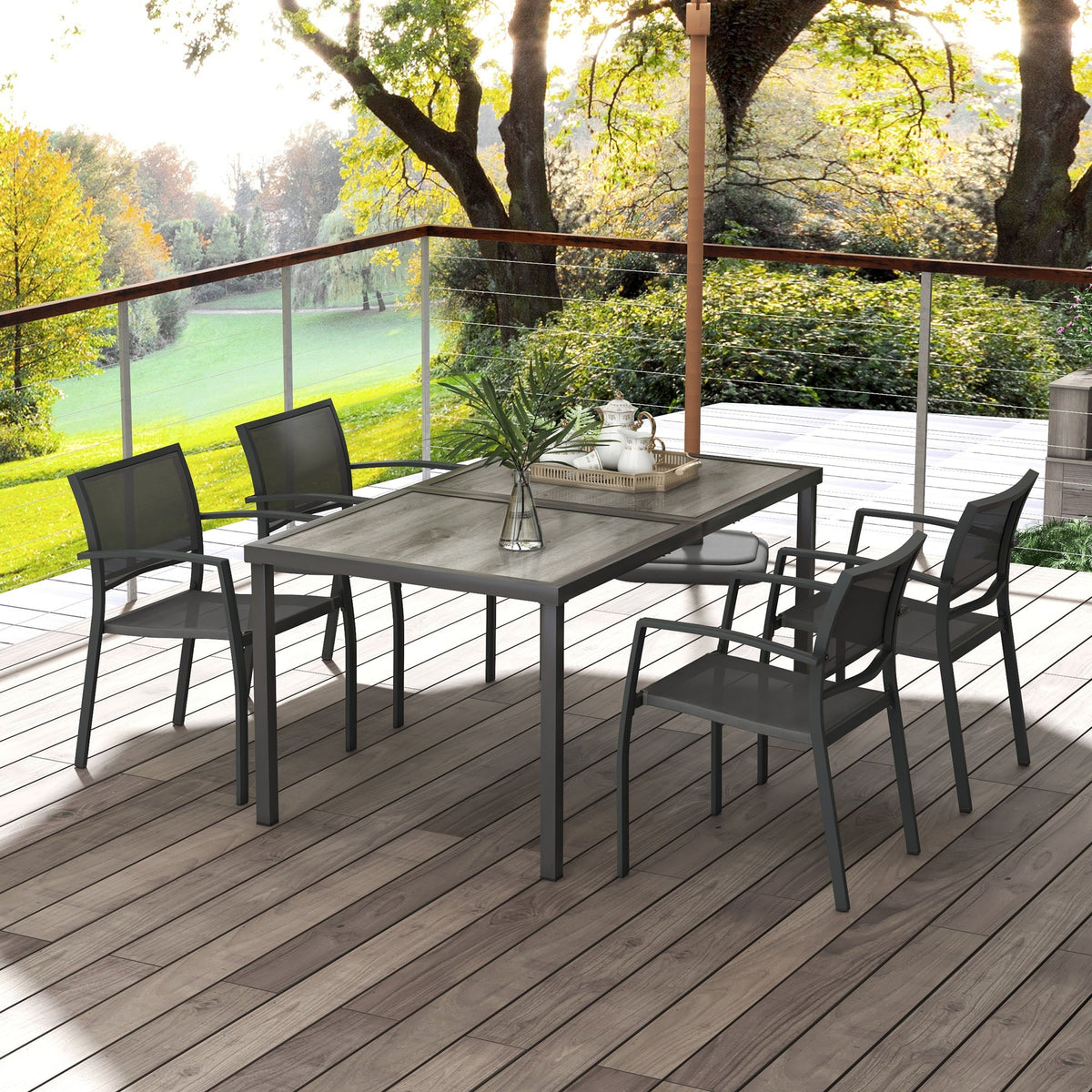 4 Seater Garden Dining Set with Stackable Armchairs, Grey